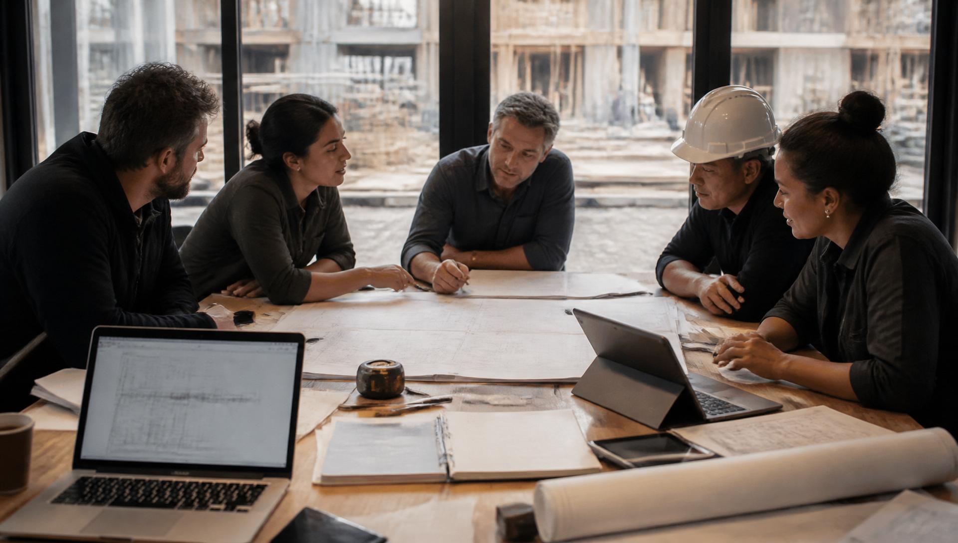 Reunión técnica entre profesionales de Raíces revisando planos con una obra en construcción de fondo